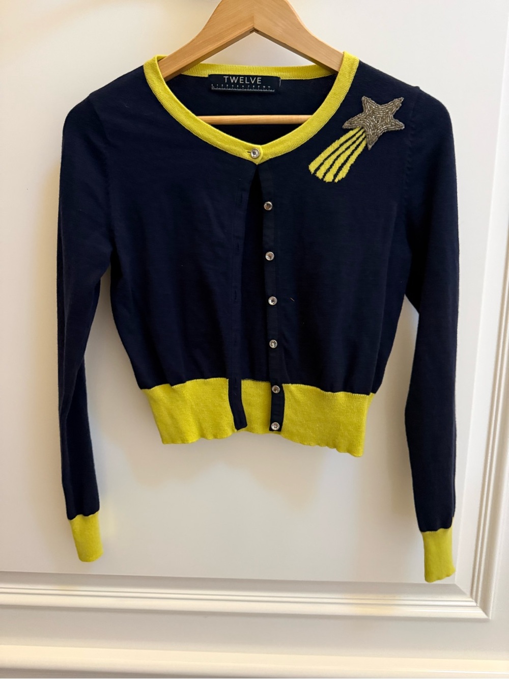 Vintage Y2K Twelve by Twelve Cropped Shooting Star Cardigan Navy Yellow Trim